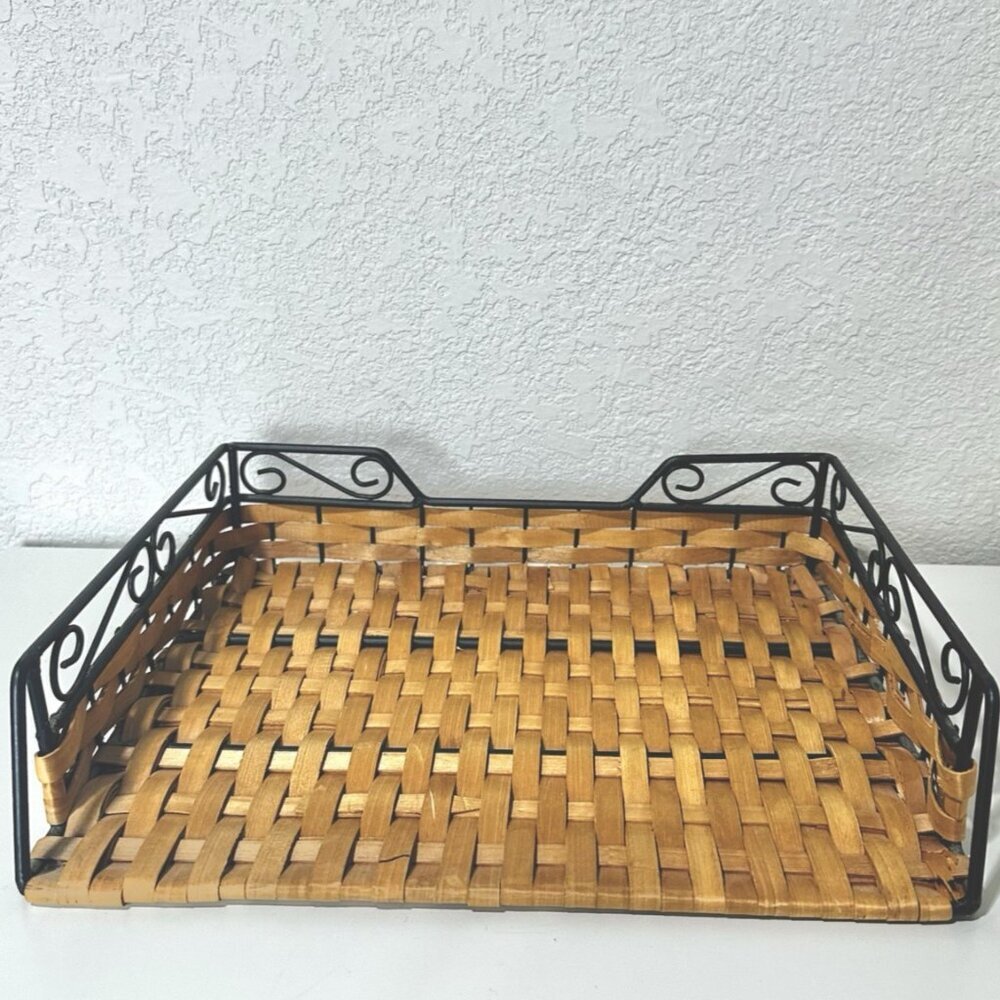 Letter Holder Wicker and Black Metal Desktop Tray Organizer Rustic